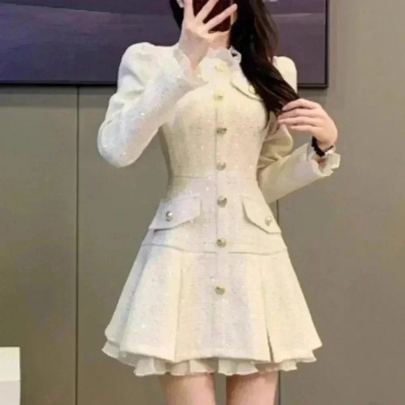 Apricot Elegant Women's Sequin Tweed Pleated Single Breasted Mini Dress - Picture 5 of 7